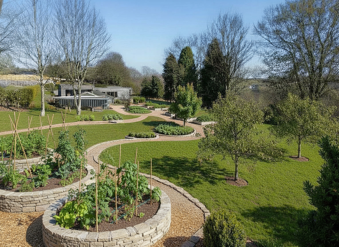 New lawn, timber fencing and paved terraces in a Yorkshire garden