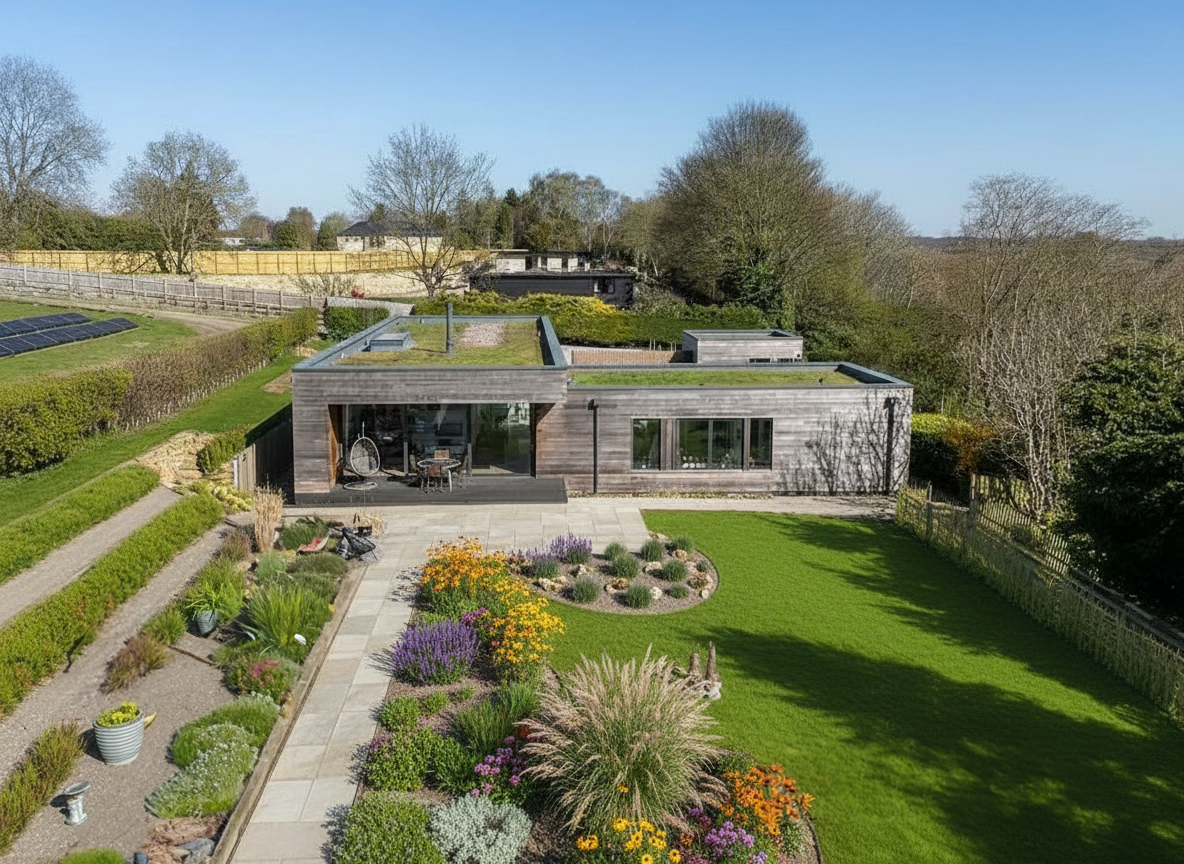 Aerial view of a complete garden landscaping project