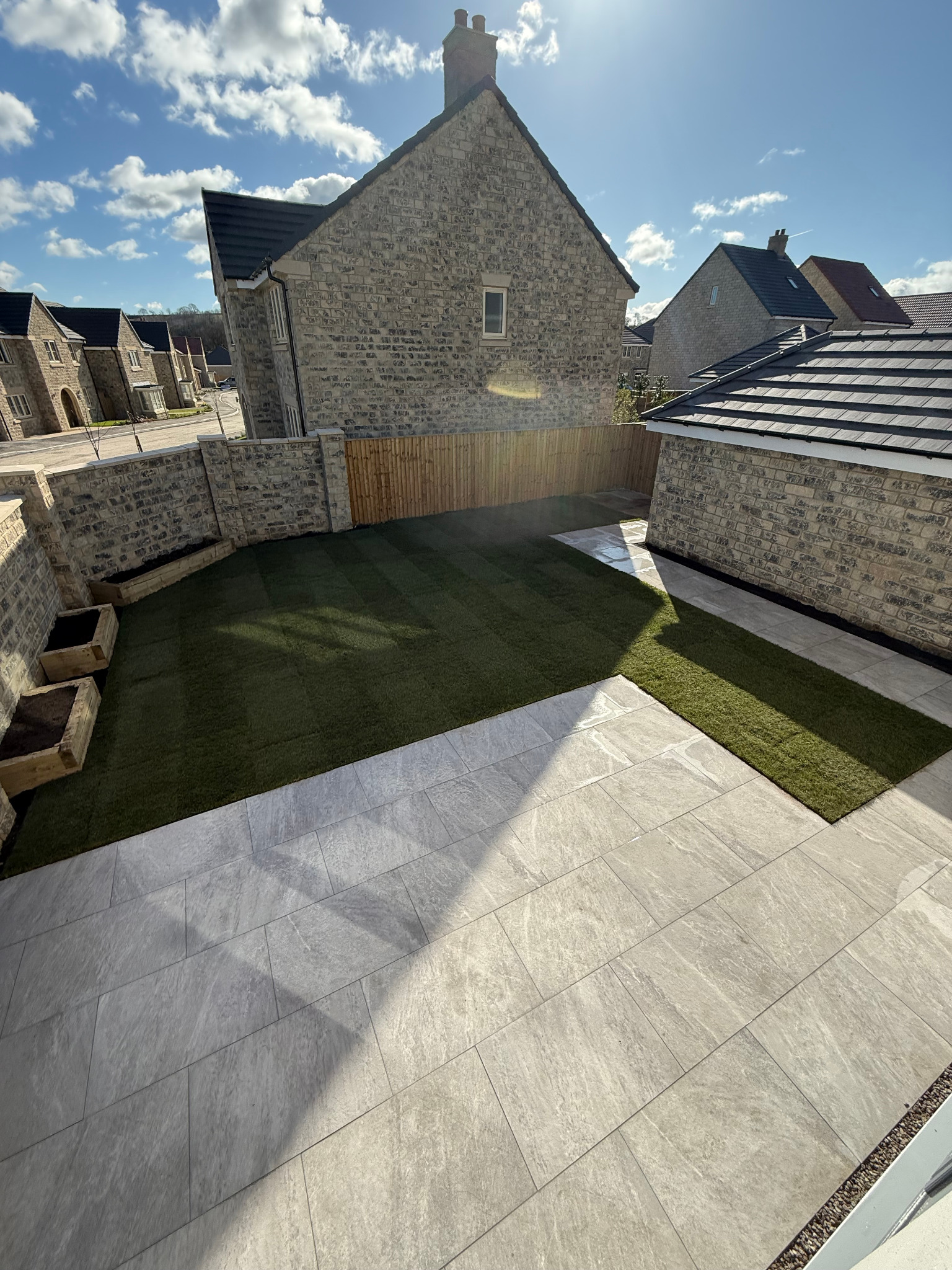 Aerial view of a complete garden landscaping project