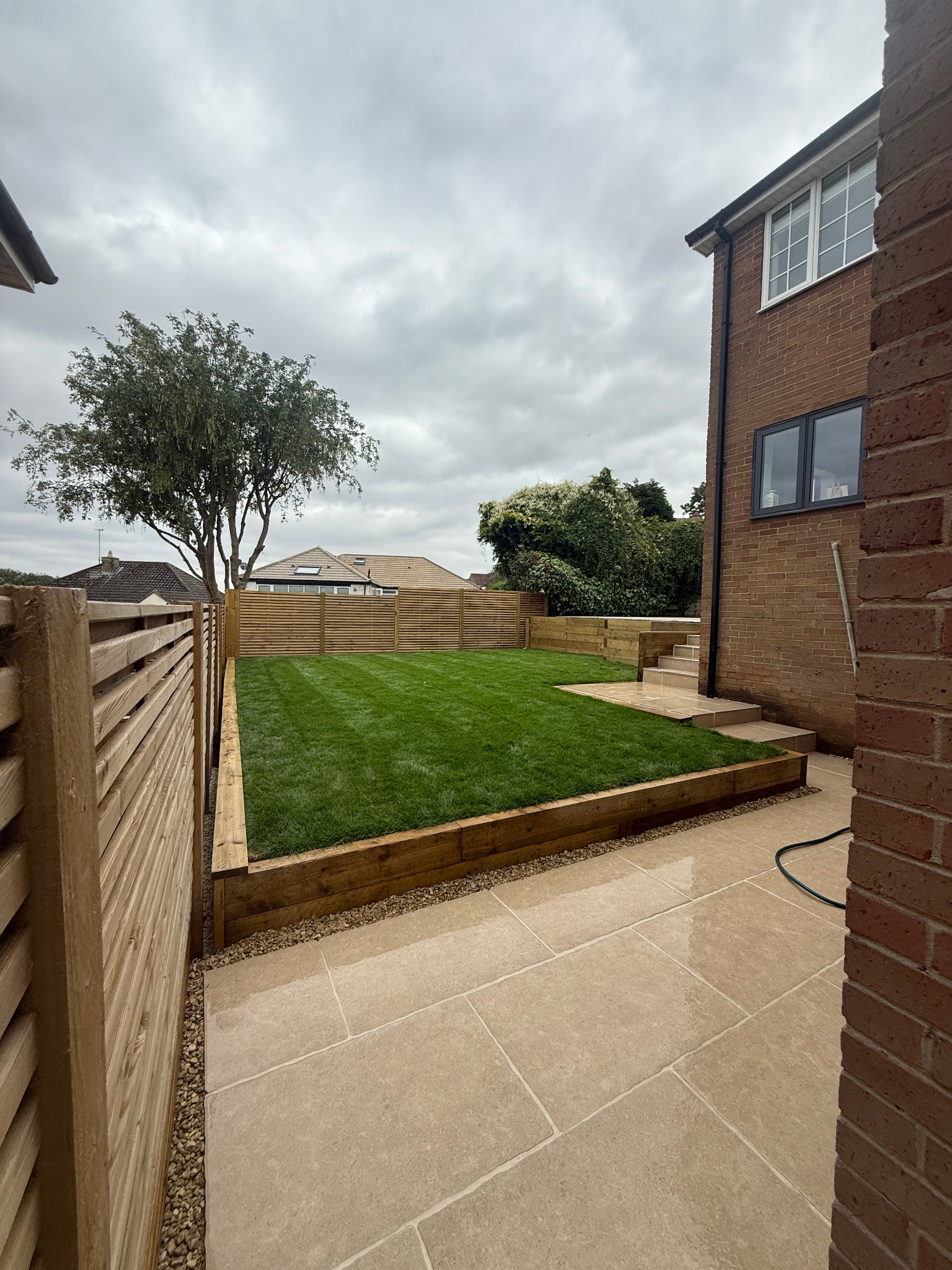 Aerial view of a complete garden landscaping project